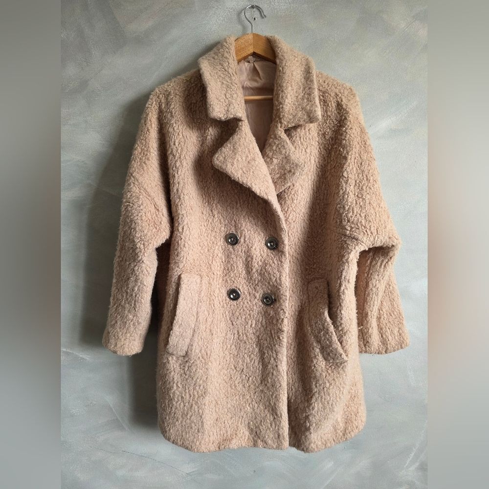 Free People Wool Double Breasted Long Line Side Pockets Teddy Jacket Sz M